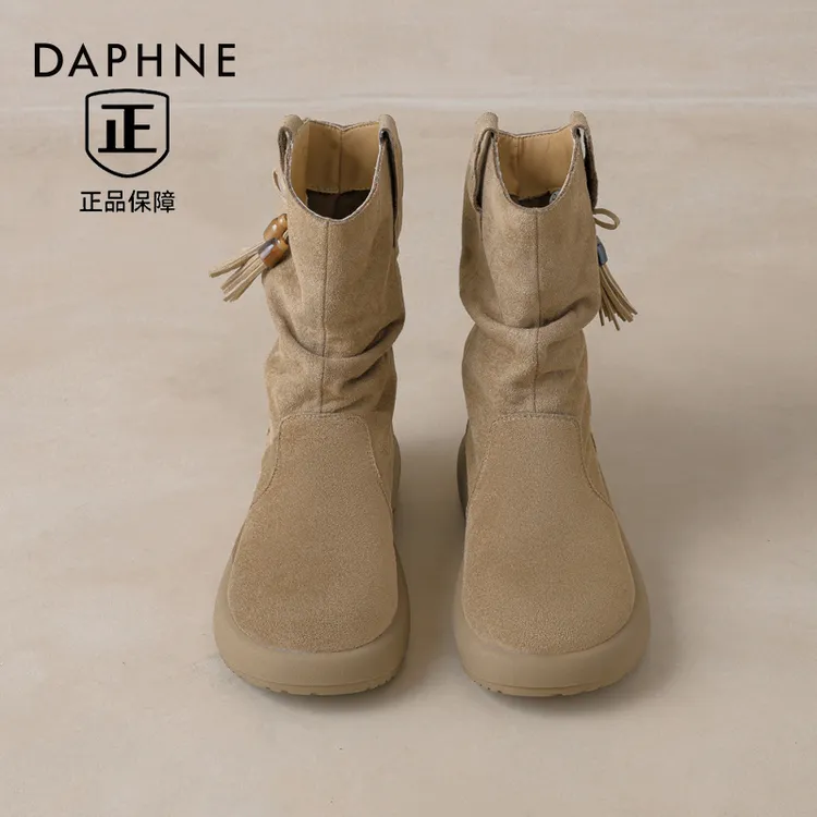 达芙妮新款勃肯短靴女2025秋季氛围感复古美拉德流苏厚底堆堆靴子