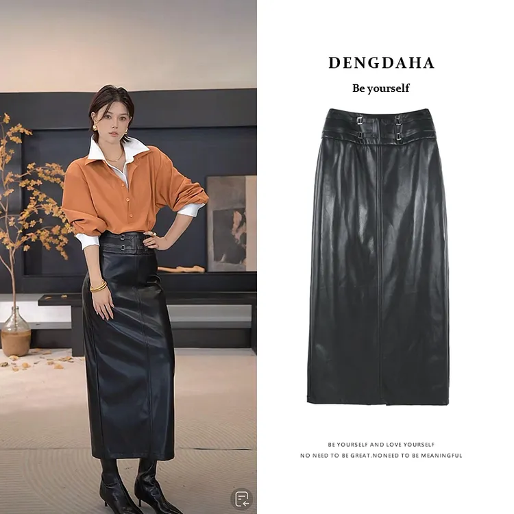 DENGDAHA「罗曼蒂克」复古摩登风高腰金属扣饰半身裙HBZXP720018