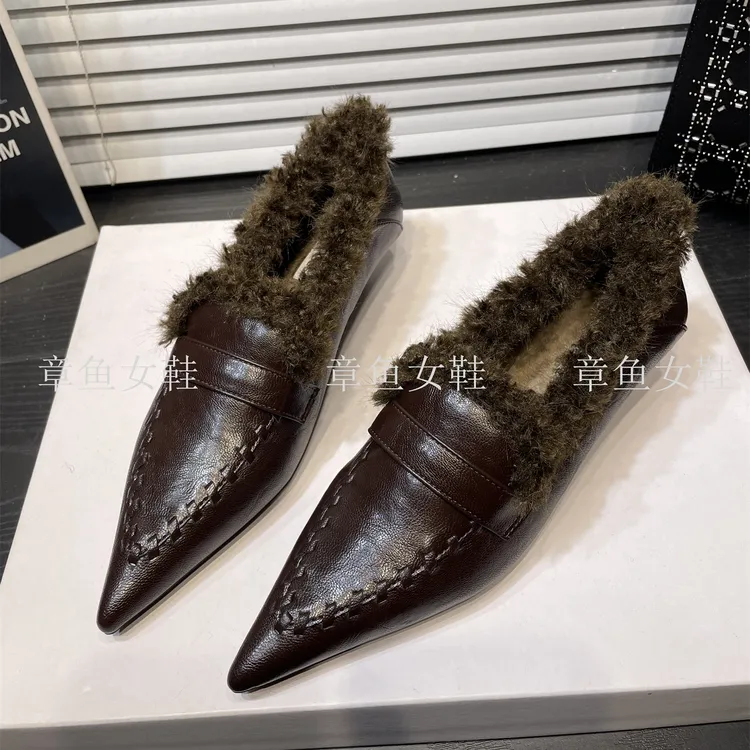【2种跟】法式秋冬复古编织加绒深口尖头单鞋女低跟时尚保暖毛毛鞋