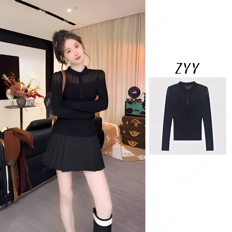ZYY【秋色伊人】2025S/S新品渐变透感亮片Polo领针织衫X25QZZ03214