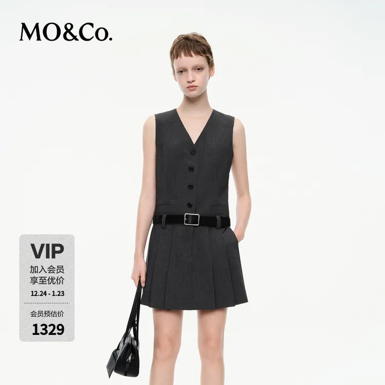 MOCO连衣裙2025新品简约V领中低腰压褶西装裙附腰带MBE2DRS106