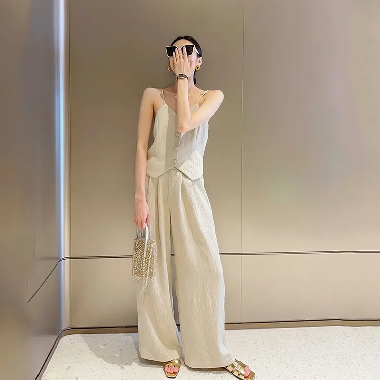 夏季纯欲风杏色吊带背心马甲阔腿裤休闲裤时尚套装百搭两件套女装