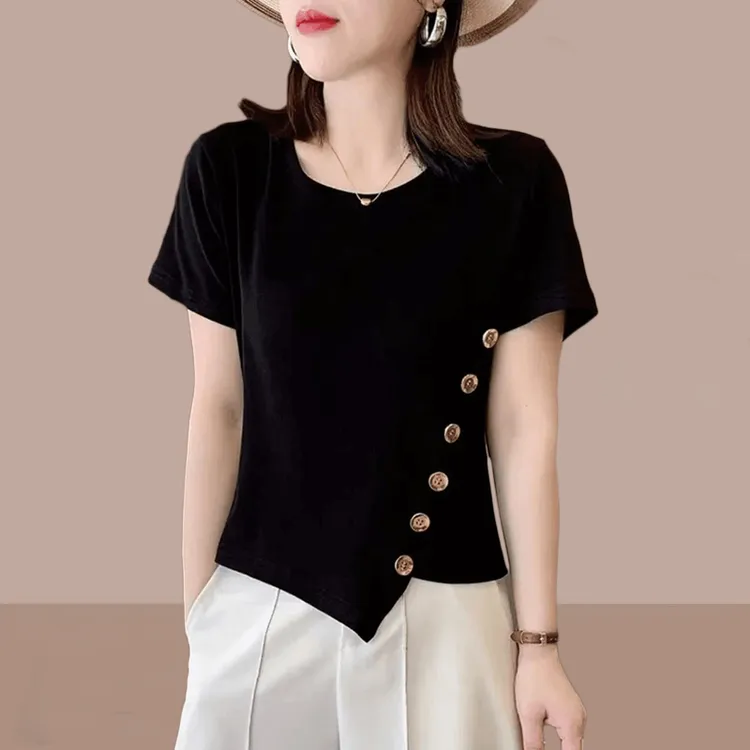 不规则短袖上衣恤感设计纯棉t短款2025纽扣时尚洋气新款夏季女装