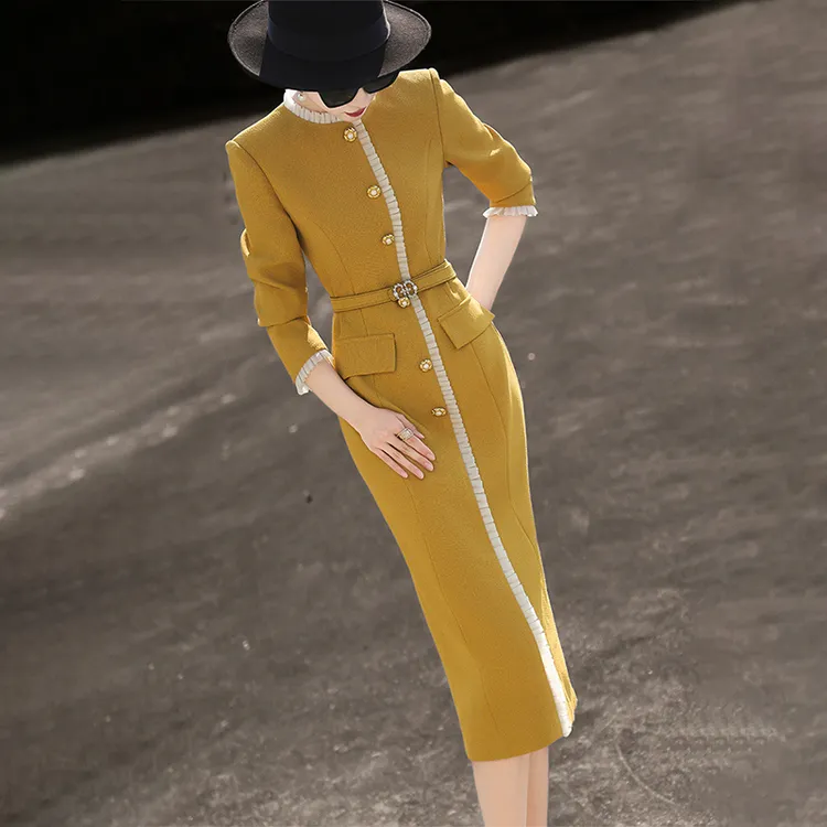 MEXCOCO/兰瑟儿新款气质名媛木耳边修身显瘦连衣裙女104QL2288