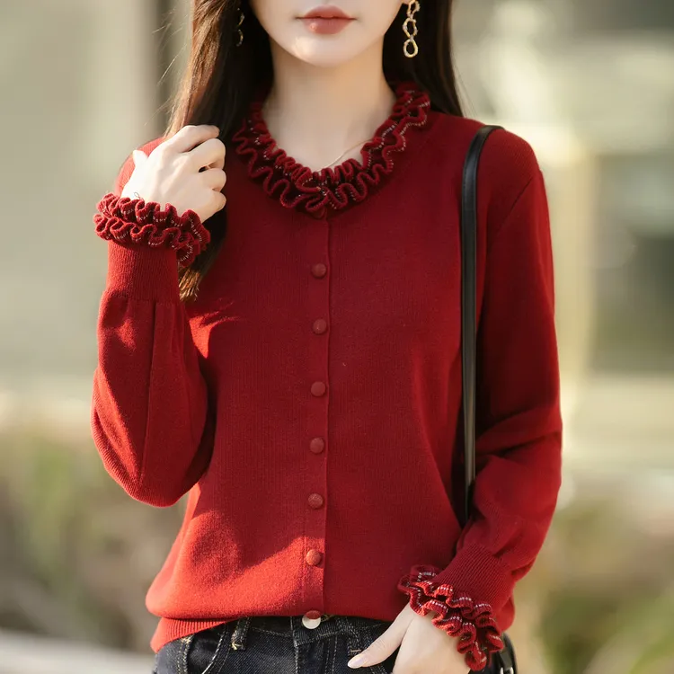 花边木耳领银丝针织羊毛衫女包扣开衫秋冬新款宽松显瘦毛衣外套