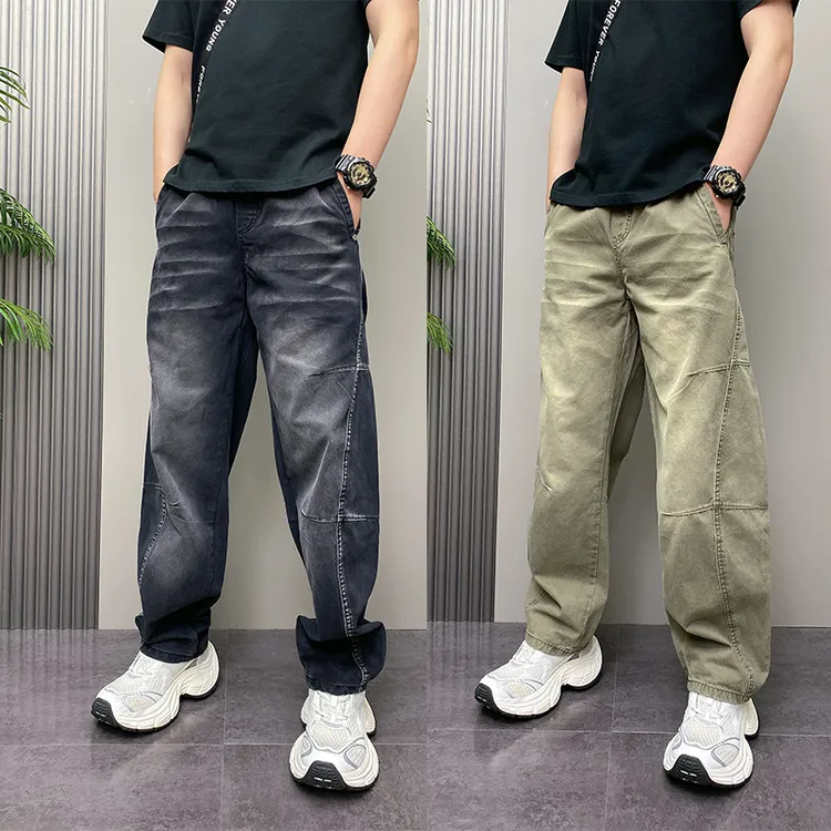 美式高街复古水洗拼接弯刀牛仔裤潮流宽松直筒垂感痞帅百搭阔腿裤