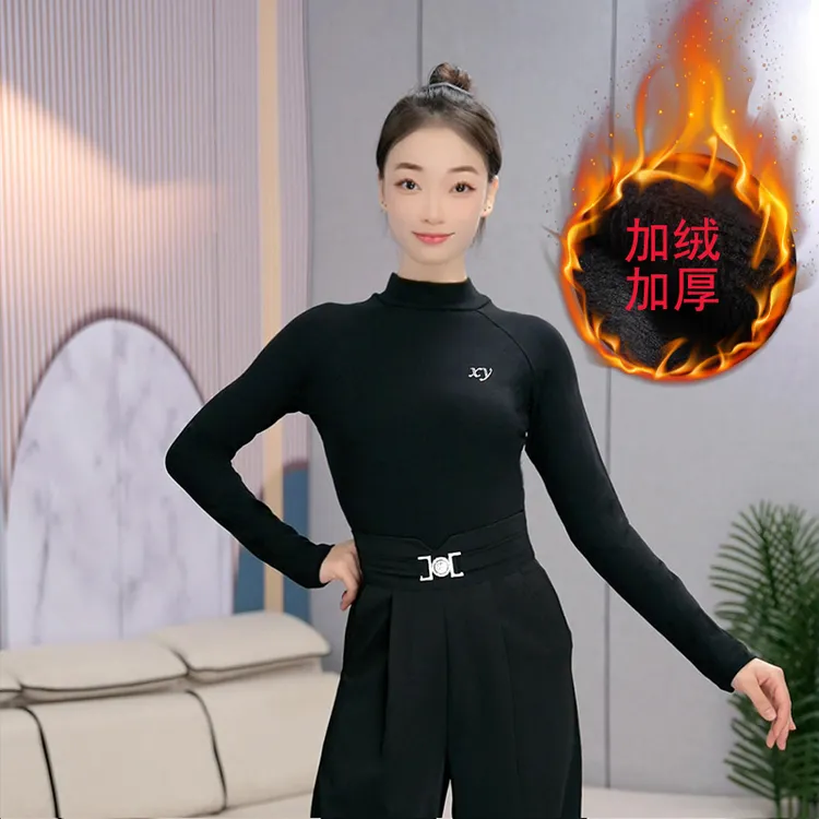秋冬加绒舞衣拉丁舞蹈练功服长袖高领女成人新国标交谊舞服装烫钻