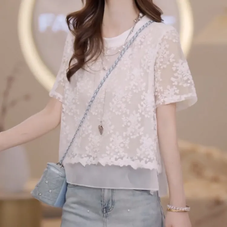 法式重工提花假两件短袖t恤女2025夏季新款气质百搭双层体恤上衣