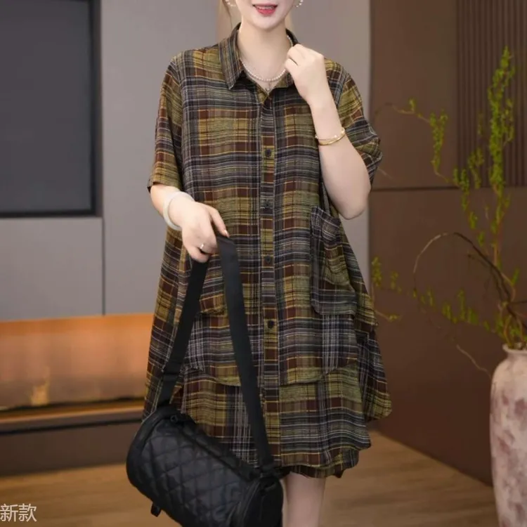 2025夏季新款宽松显瘦休闲套装女时尚大码洋气格子衬衫短裤两件套