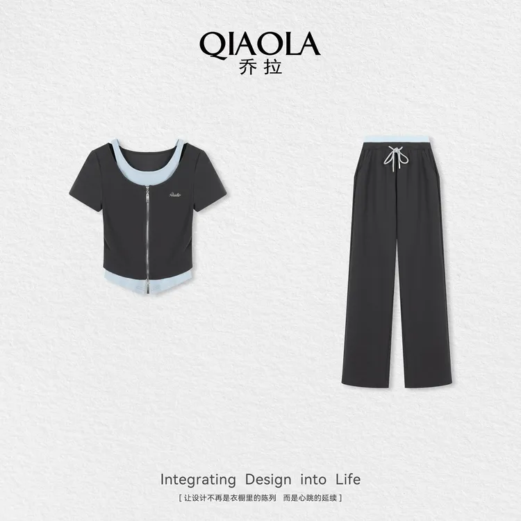 QIAOLA/乔拉【温柔弥漫】夏季新款针织假两件设计洋气时尚套装预售