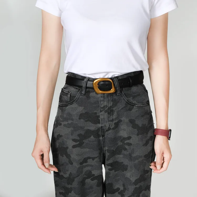 百搭女士真皮时尚腰带不规则金色扣牛仔裤休闲腰带收腰牛皮裤带女