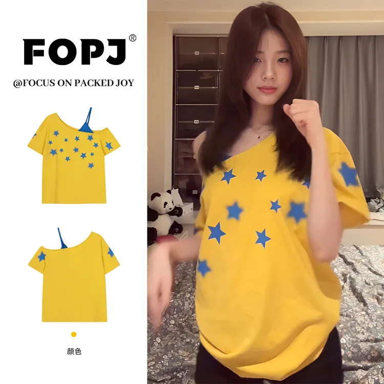 FOPJ韩系多巴胺斜肩吊带假两件短袖t恤夏季新款宽松百搭辣妹上衣