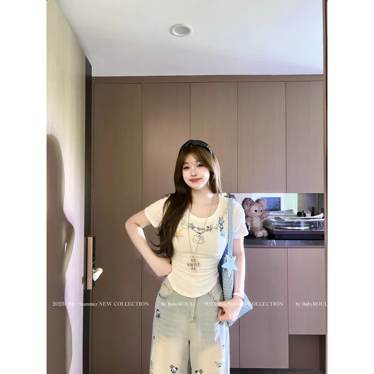 【山梨假日】温与柔正肩百搭时尚修身显瘦kitty印花T恤设计感