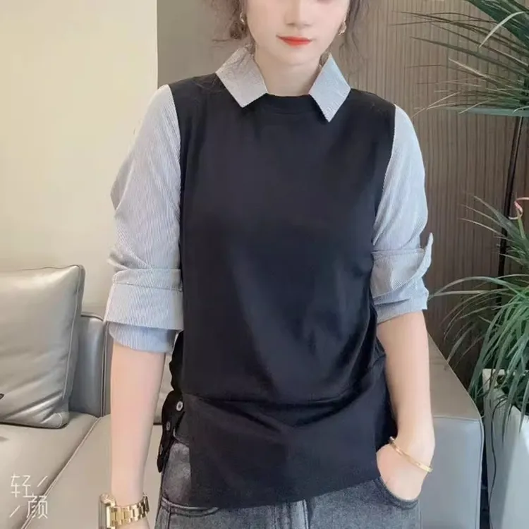假两件衬衫女2025秋季新款韩版时尚拼接条纹洋气宽松百搭长袖上衣