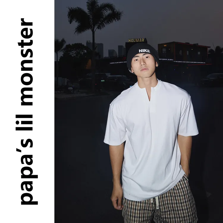 PAPASLILMONSTER美式简约纯色亨利领V领正肩短袖百搭休闲T恤