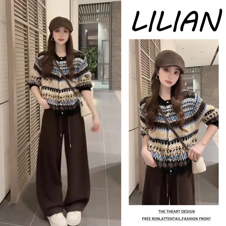 今年秋季流行漂亮套装2025新款撞色条纹气质时尚开衫休闲裤两件套