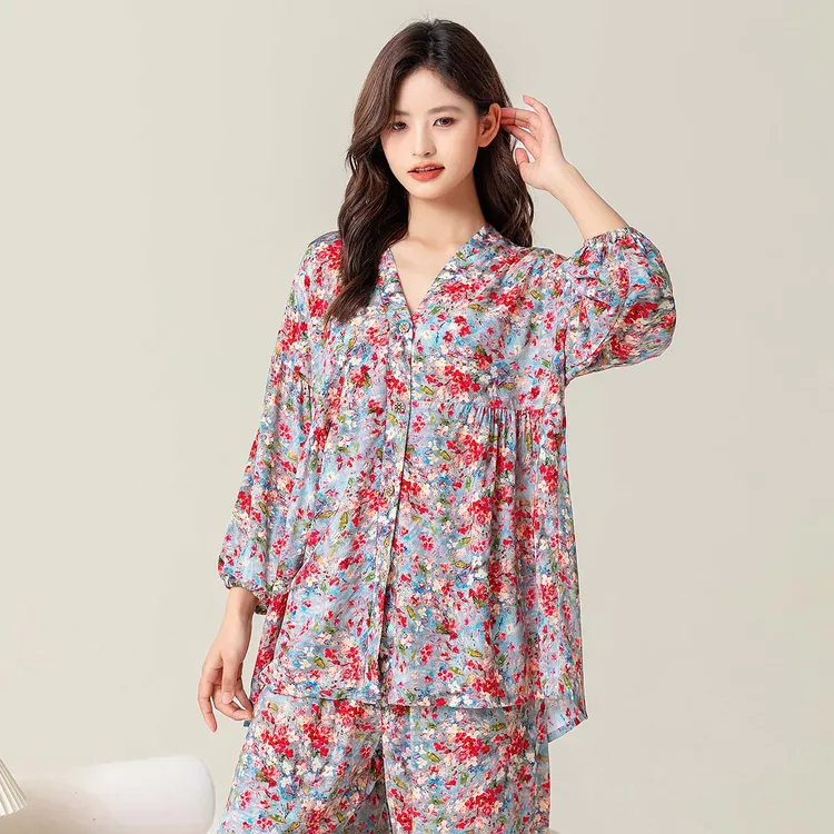 【防凸点带胸垫长袖套装】棉绸睡衣女春夏薄款大码可外穿绵绸家居服