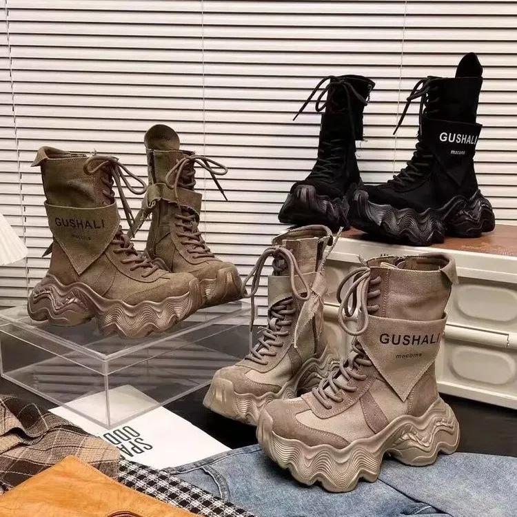 7cm欧货牛仔布松糕厚底短靴女2025新款百搭小个子增高户外马丁靴