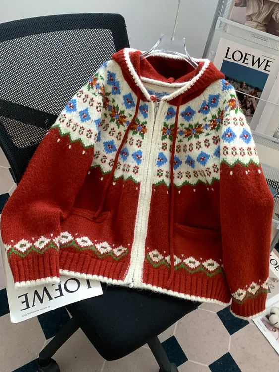 慵懒风宽松连帽双拉链开衫毛衣女外套秋冬2025新款费尔岛复古提花