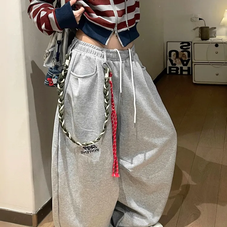LIUGE 腰绳设计灰色弯刀卫裤宽松阔腿休闲运动爵士舞裤子拖地长裤