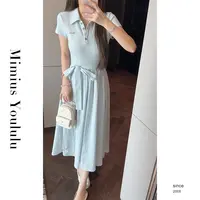 【mimius】肉肉 简约小众针织短袖腰间系带收腰连衣裙 G04478