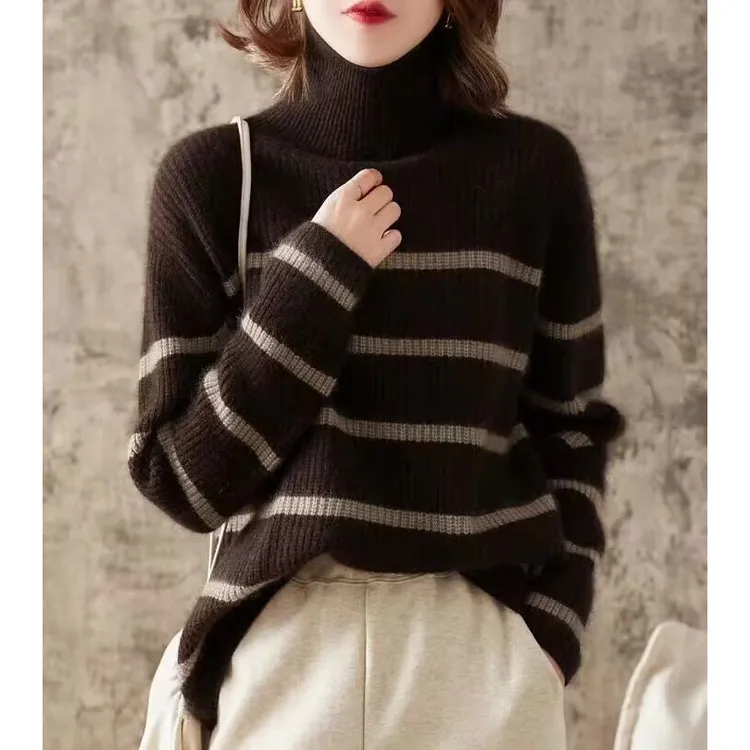 欧货高领针织打底衫女秋冬2025新款高级款内搭上衣加厚条纹毛衣女