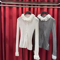 no退no换YOYOUNA法式浪漫荷叶领拼接雾凇灰针织上衣打底