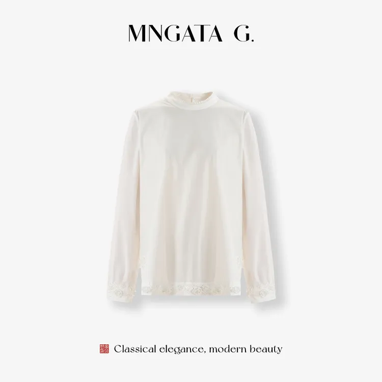 MNGATA G.宫小妍 新白茶 全手工钉珠奢感木耳边领百搭上衣5102202