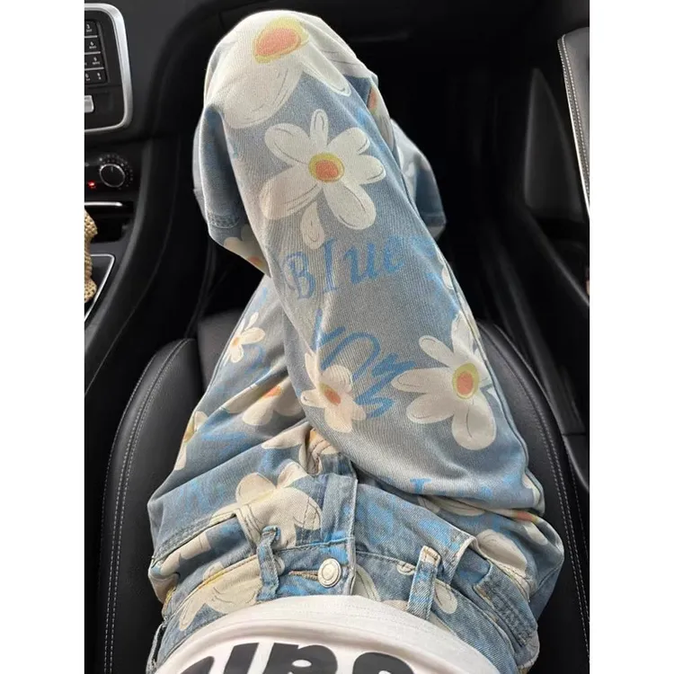 小众设计感小雏菊印花牛仔裤男美式复古水洗直筒裤显瘦垂感阔腿裤