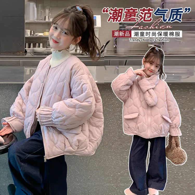 女童轻棉棉服二棉深秋冬装洋气新款儿童薄棉上衣圆领夹棉加厚外套