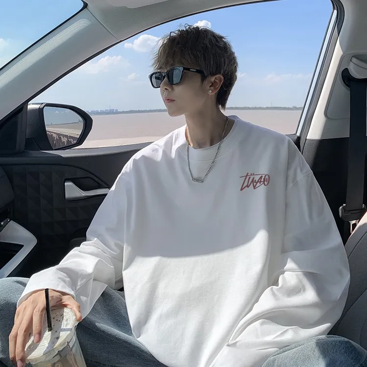 美式高街纯棉长袖t恤男款春秋季重磅白色内搭男生打底圆领宽松   