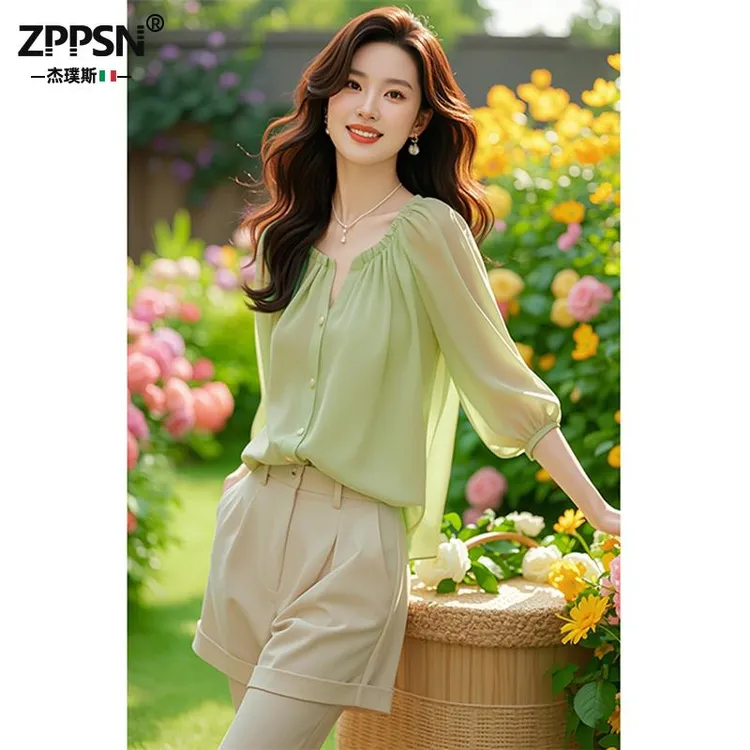 ZPPSN小清新果绿色显瘦宽松气质上衣法式设计感七分袖雪纺女士衬