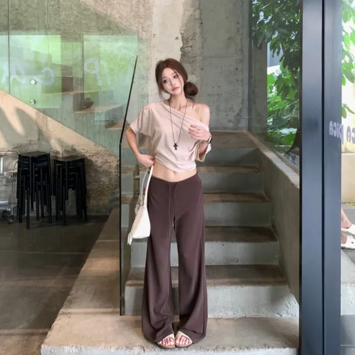 韩系气质套装设计感斜肩短袖T恤女夏季显瘦百搭休闲裤长裤两件套