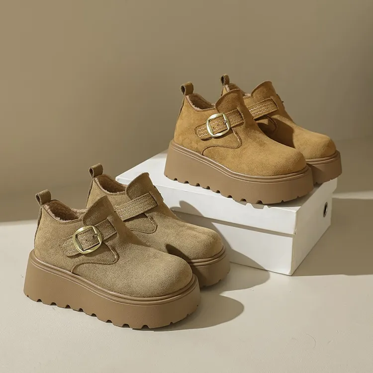 加绒6.5CM 冬季新款绑带勾花加绒简约高级秋冬百搭休闲软底博肯鞋