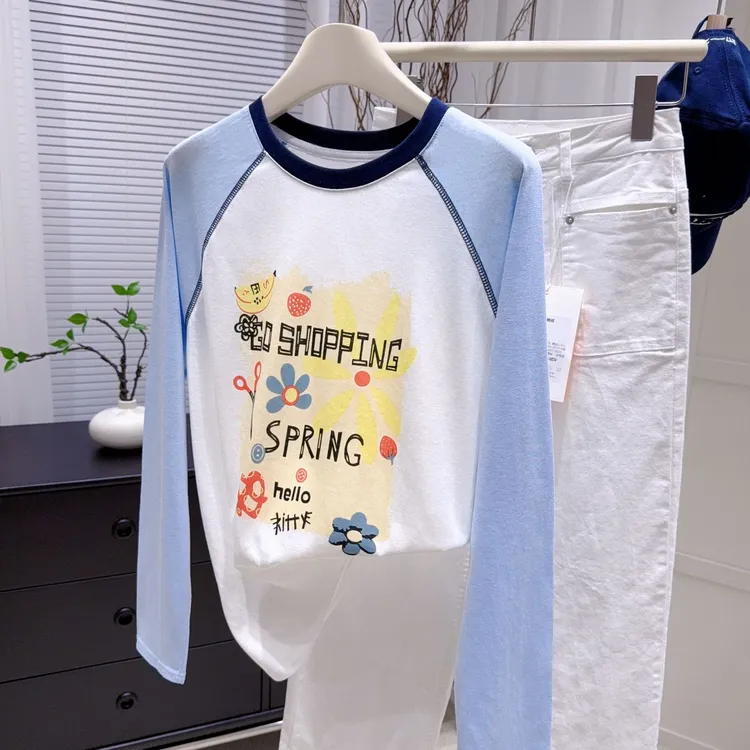 2025夏季新款撞色印花防晒衫女拼接圆领宽松上衣休闲百搭长袖T恤