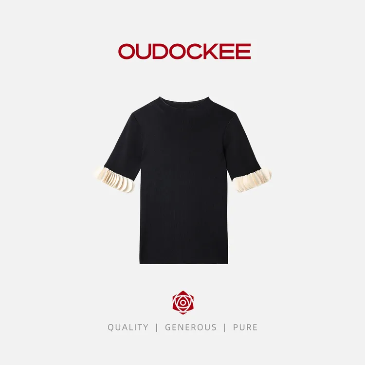 OUDOCKEE 鸥纪儿【小天鹅T】黑色圆领短袖新款T恤上衣 M2502Y264T