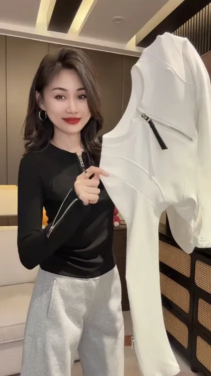 欧洲站设计感洋气半拉链拼接长袖t恤女秋装款修身显瘦打底衫上衣