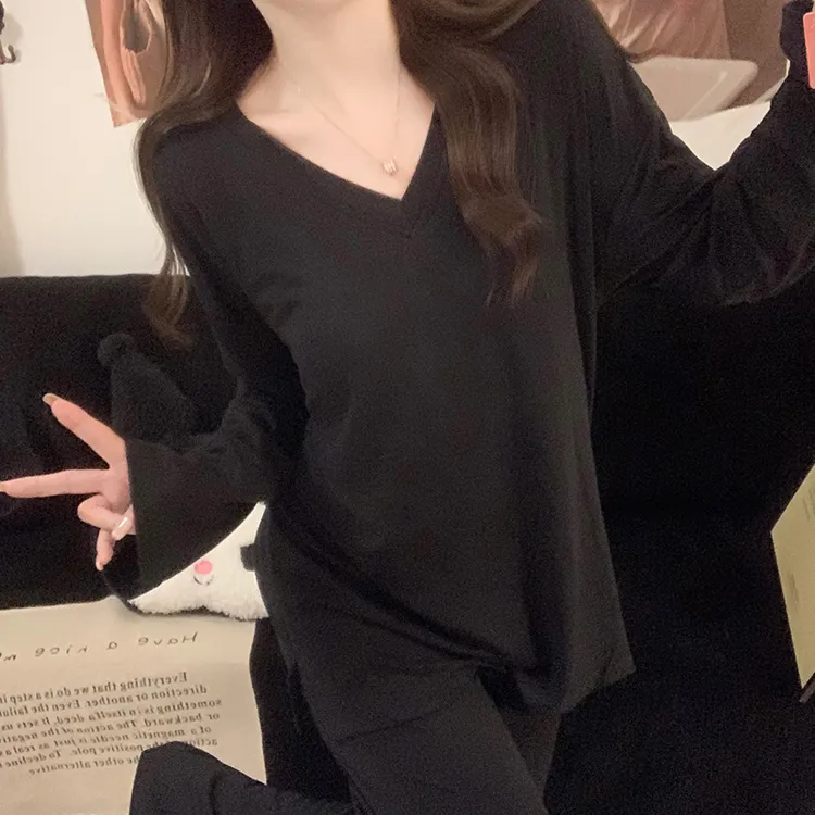 带胸垫睡衣女款春秋季彩棉长袖纯欲简约打底黑色韩版两件套家居服
