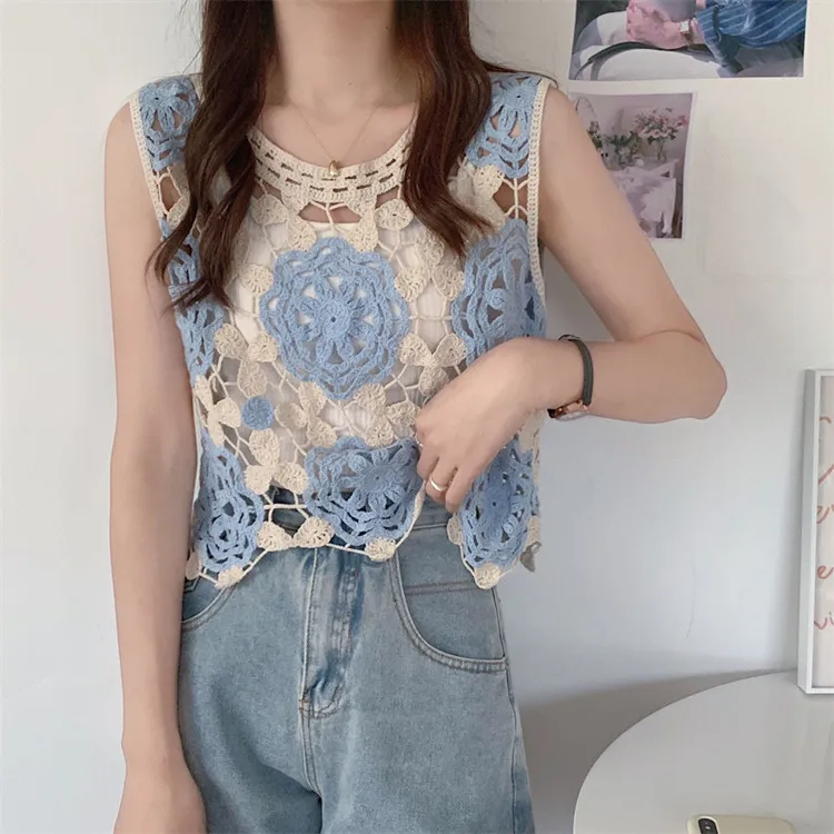 夏季外穿钩花镂空无袖罩衫短款上衣刺绣小众设计显瘦百搭清凉背心