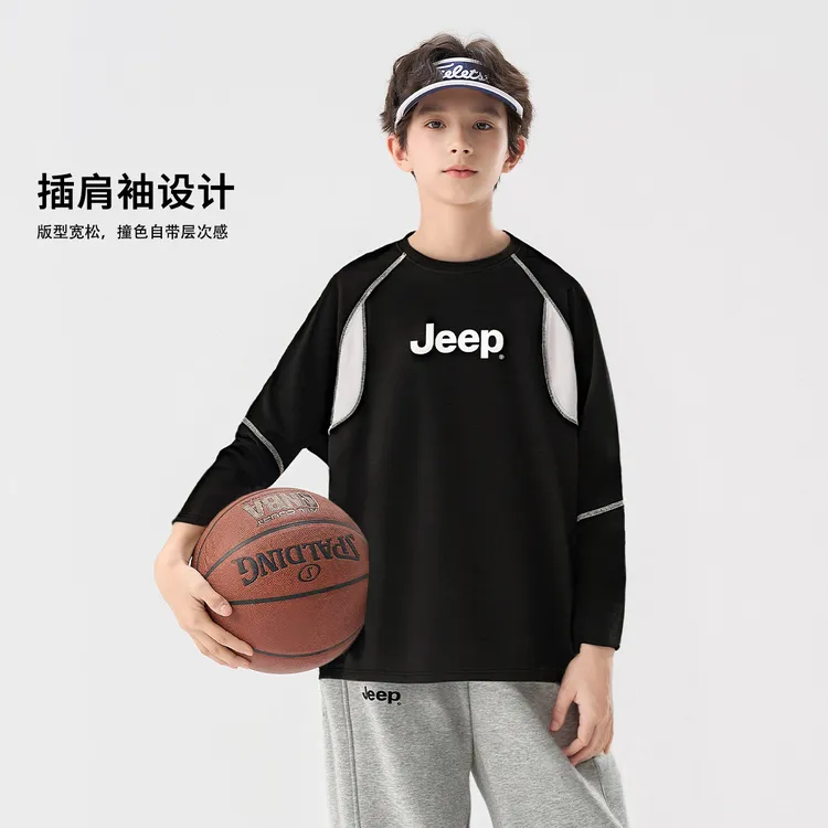 JEEP/吉普秋季运动衫圆领男童长袖宽松春秋圆领打底T恤撞色190