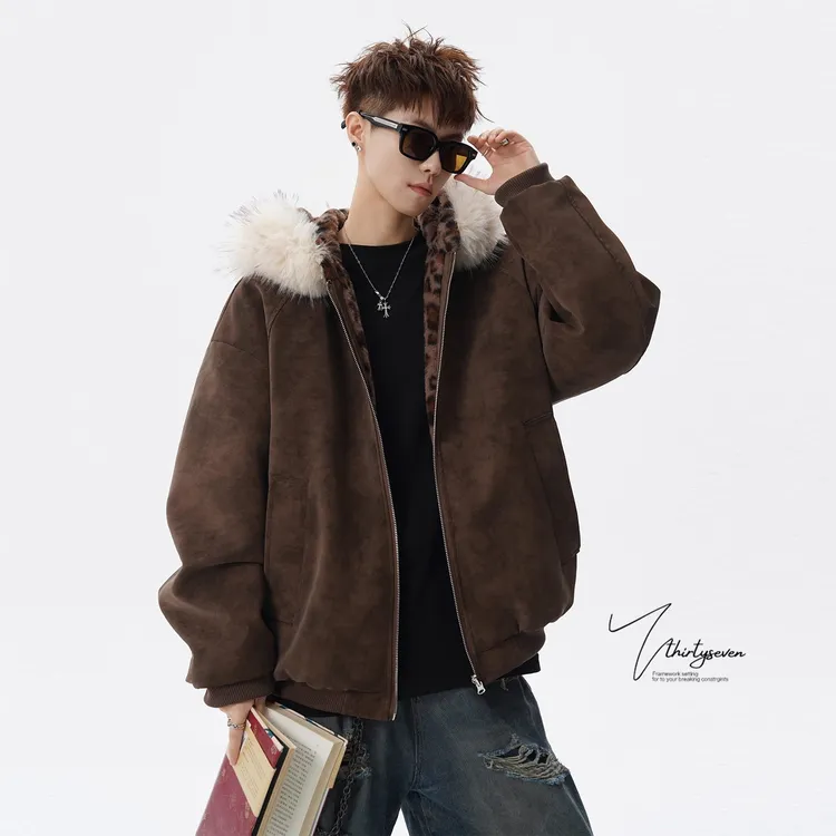 V37美式重磅仿兔绒毛领皮棉衣男冬季新款豹纹设计感加厚棉服外套