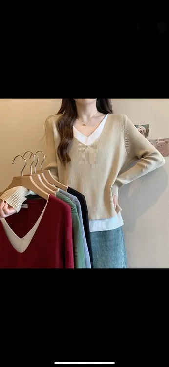 大码新款假两件针织衫女装春季胖MM遮肉显瘦长袖上衣6025#