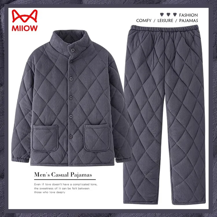 猫人睡衣男冬季三层加厚加绒纯棉夹棉秋冬款珊瑚绒超厚保暖家居服