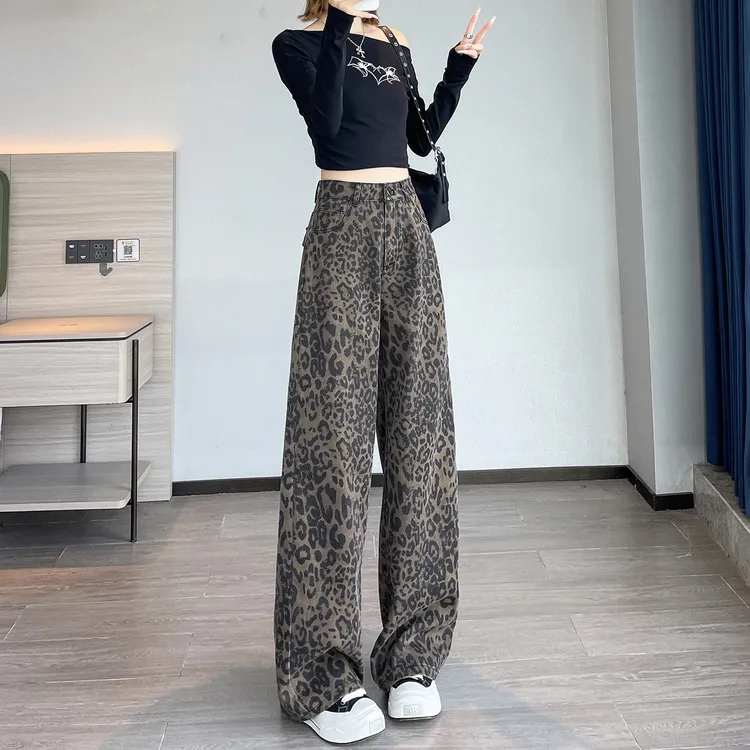 豹纹阔腿牛仔裤女春秋季2025爆款高腰加长高个子气质窄版直筒裤子