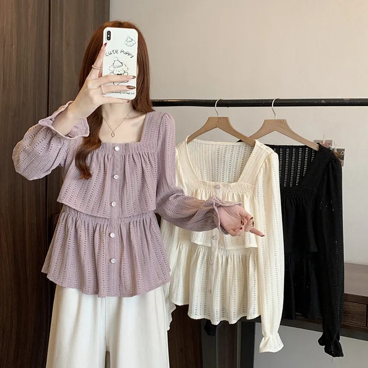 秋装新款胖mm大码女装法式荷叶边方领缕空娃娃衫小衫上衣A0939