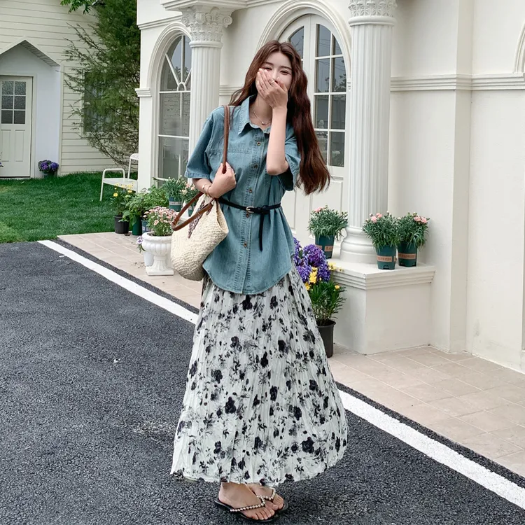 海边度假风套装裙夏季女2025新款韩系ins风牛仔衬衫印花吊带裙潮