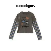 MUMUBYER •“喵趣叠袖衫”水洗做旧猫咪印花拼接条纹假两件短上衣
