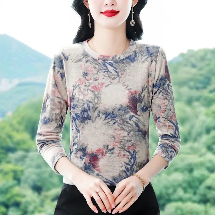 2025秋季新款水墨扎染长袖女显瘦上衣圆领高弹T恤印花春秋修身