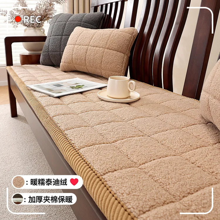 高档新款冬季加厚泰迪绒实木沙发垫直排沙发垫毛绒海绵垫可定制