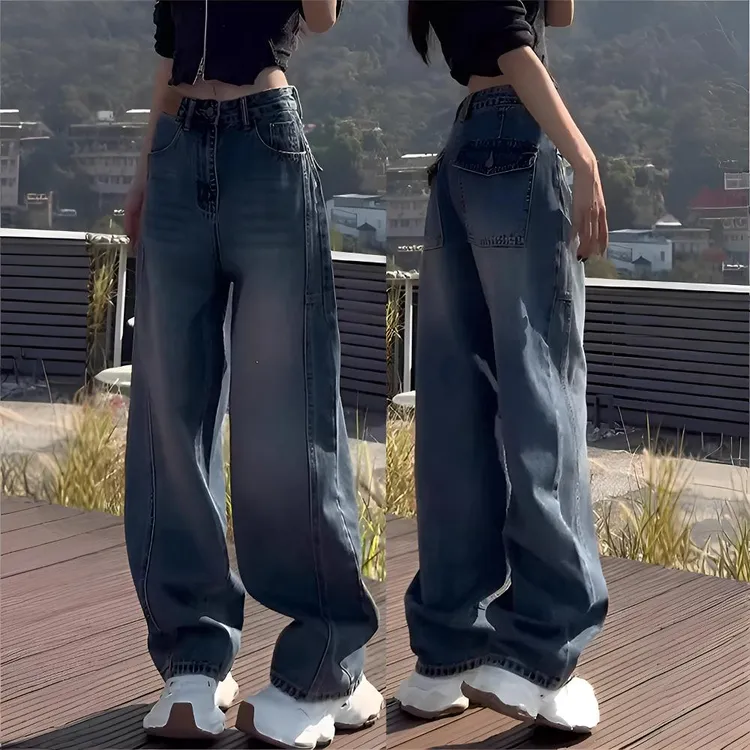 大码欧货弯刀香蕉牛仔裤女春季胖mm显瘦修身镰刀裤直筒宽松阔腿老